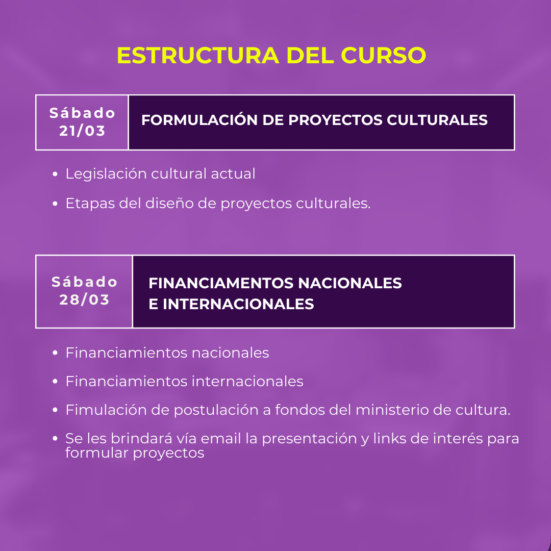 Fechas y modalidad virtual del curso de proyectos culturales 2026